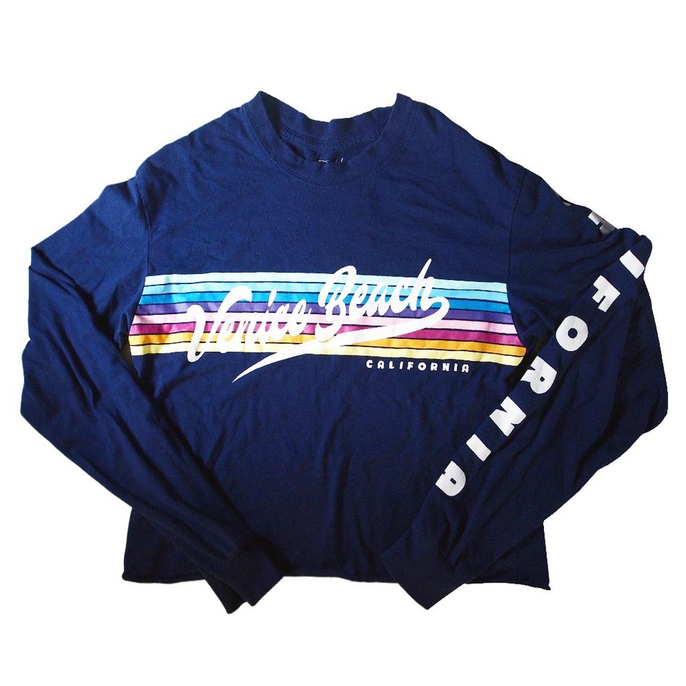 Venice Beach Long Sleeved Crop Top T-shirt Navy Multi-Colored Stripe Ladies Med